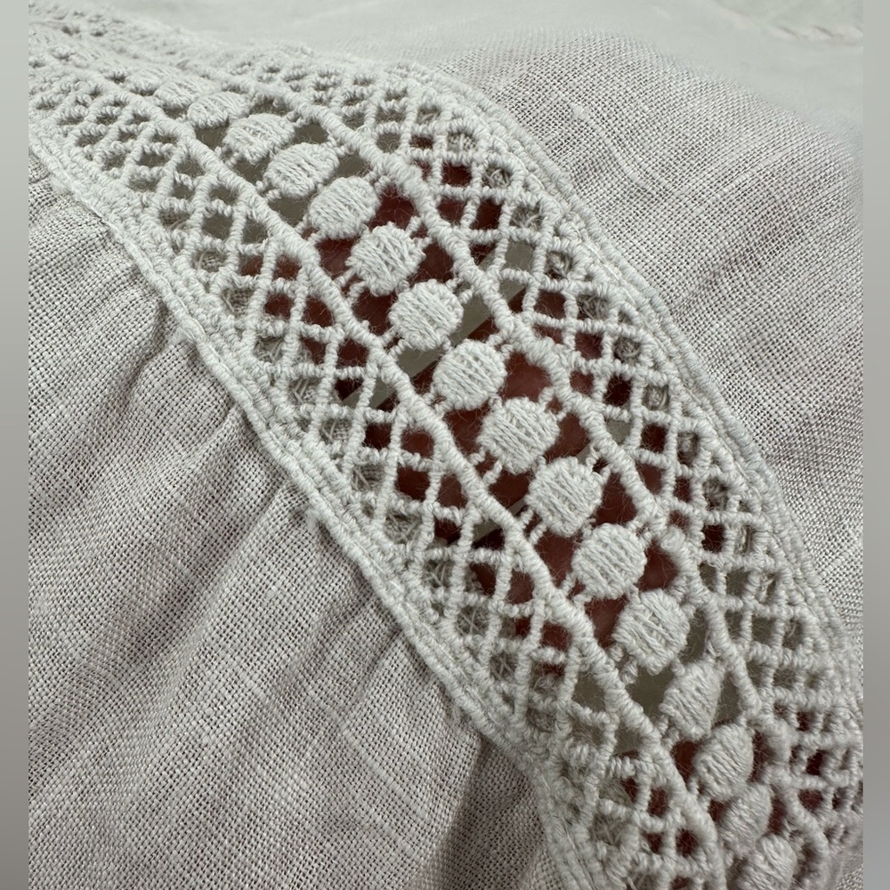 Terzo Millennio Made In Italy Neutral Linen Lace Trim Short Sleeve Blouse Top L - Picture 6 of 8